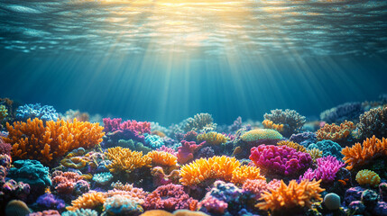 Fototapeta premium vibrant coral reef illuminated by sunlight, showcasing diverse marine life in clear blue water. The underwater scene has a bright tone with blurred space for captioning