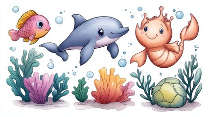 Obraz premium Colorful underwater scene featuring cute marine animals and vibrant corals.