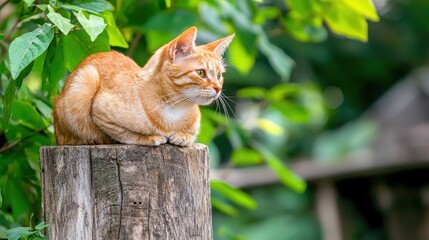 Shelter cat sitting atop a scratching post, watching its surroundings