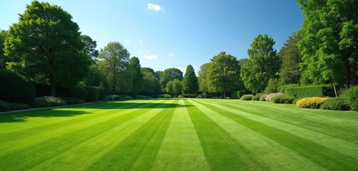 Large manicured lawn stretches across image. Green grass meticulously maintained in parallel stripes. Trees, bushes surround lawn creating beautiful garden. Bright sunny day with clear blue sky.