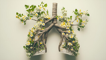 Nature-inspired lungs made of greenery and blossoms symbolizing health and environment