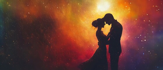 A beautiful silhouette of a couple embracing against a colorful cosmic background, symbolizing love, connection, and timeless romance in a dreamy setting.