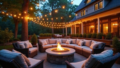 Outdoor patio area with comfy seating arranged around fire pit. Warm string lights create cozy atmosphere. Soft blankets, pillows add to inviting ambiance. Perfect for relaxing evenings gatherings.