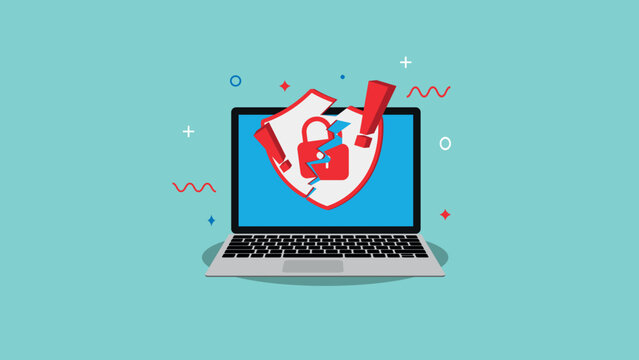 Laptop with broken shield padlock and exclamation mark on screen. Protection breakdown. Cyber attack. Flat style vector illustration
