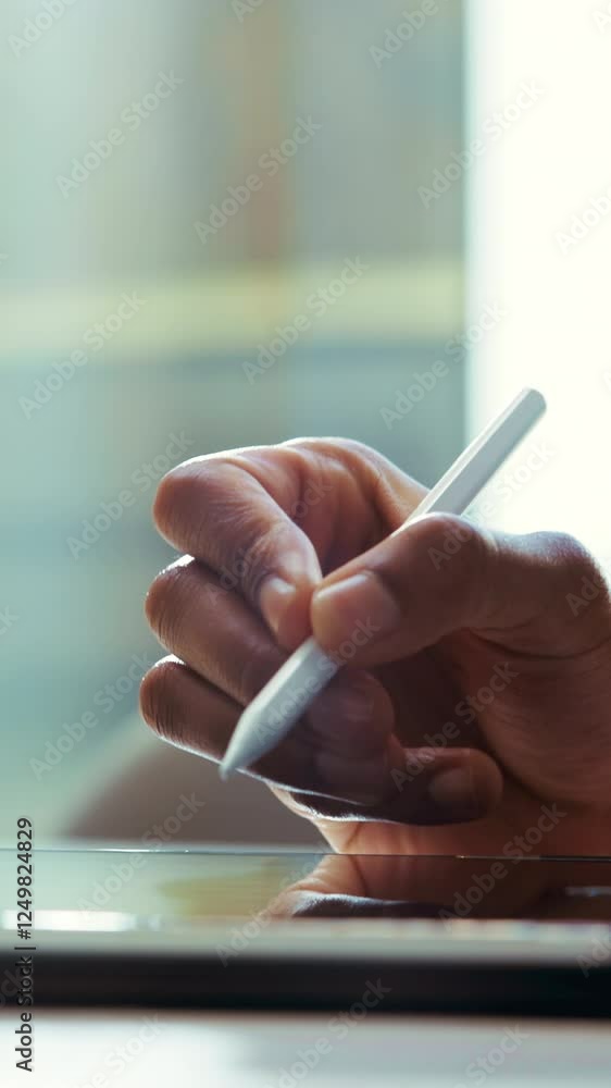 Poster pen, tablet and hands of person for website writing, research and online project in office. corporat