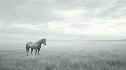 Lone horse in misty field, tranquil scene, nature photography