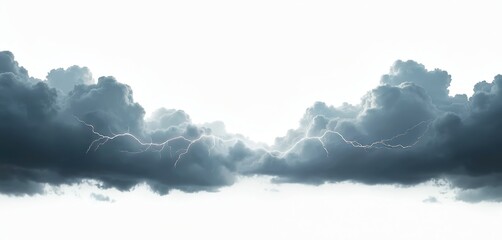 Dramatic storm clouds with lightning. Dark gray clouds filled with intense lightning bolts isolated against pure white background. Ominous weather phenomenon. Perfect for weather reports. Powerful,