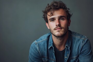 Obraz premium Portrait of a Young Man in a Denim Jacket Against a Neutral Background
