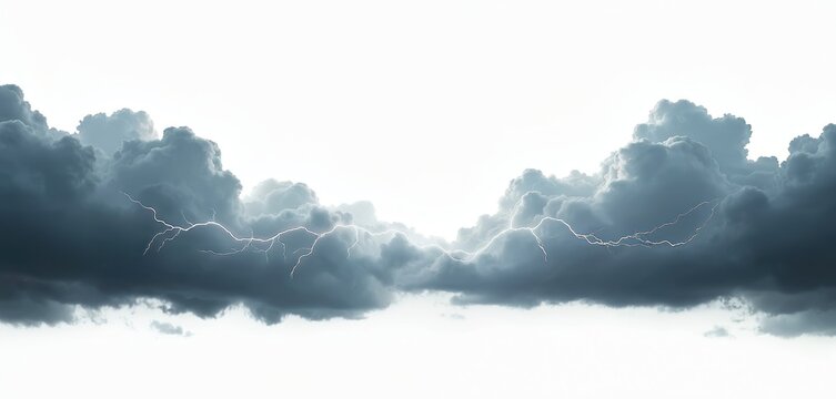 Dramatic storm clouds with lightning. Dark gray clouds filled with intense lightning bolts isolated against pure white background. Ominous weather phenomenon. Perfect for weather reports. Powerful,
