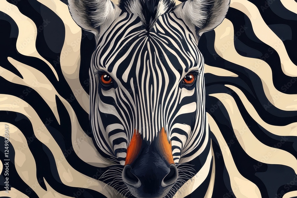 Poster a striking zebra head blending into a patterned background.