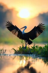 Obraz premium Shoebill stork spreading its large wings in a misty wetland at sunrise