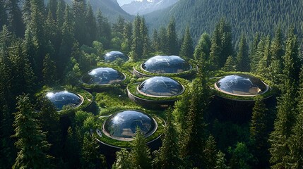Fototapeta na wymiar Futuristic eco-village nestled in a mountain forest