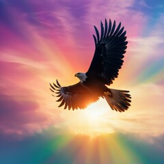 Obraz premium Silhouette of a bald eagle flying under a glowing rainbow sky