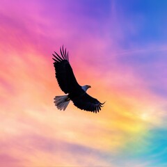 Fototapeta premium Silhouette of a bald eagle flying under a glowing rainbow sky