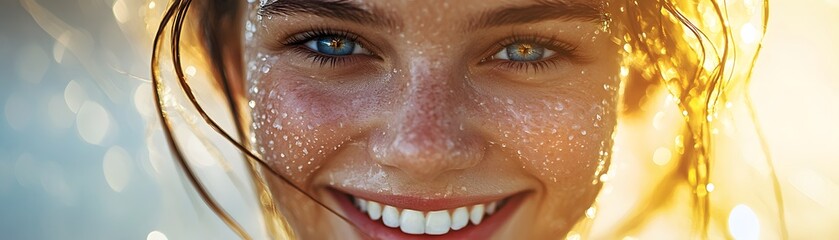A joyful young woman with sparkling eyes and wet hair smiles radiantly, capturing a moment of happiness and vitality against a beautiful backdrop of sunlight and water.