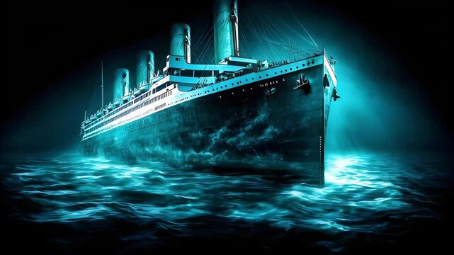 A fictional depiction of a grand, ocean liner, resembling the Titanic, submerged in eerie blue water.
