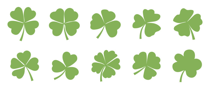 Set of hand drawn clover icons. Green shamrock icon. Irish St. Patrick's Day logo.