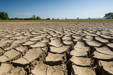 Close-up of dry, cracked earth showing the effects of drought, Spidery cracks snaking across the dry, parched surface