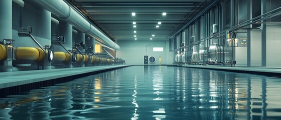 Fototapeta premium A modern industrial facility featuring a clean water pool, bright lights, and advanced machinery. The environment illustrates efficiency and innovation in water management.