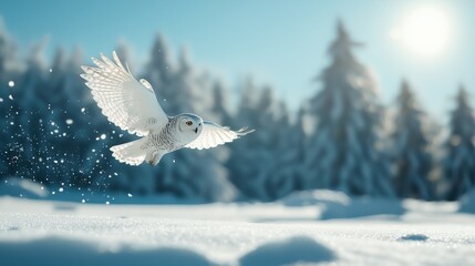 Snowy owl flying low over a snowy plain in a winter landscape