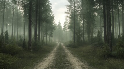 Fototapeta premium Misty forest path, nature scene, summer morning, tranquil background, travel photography