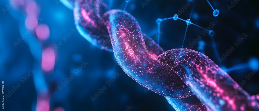 Poster a vibrant, macro view of a molecular chain, showcasing intricate patterns and shades of blue and pin
