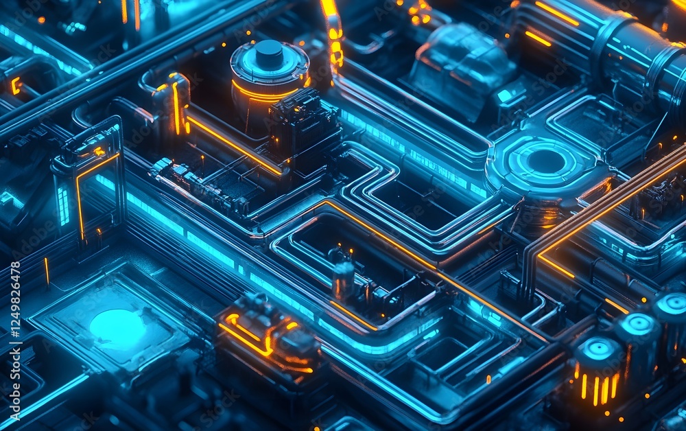 Poster a vibrant and intricate circuit board design featuring glowing blue and orange lines and components,
