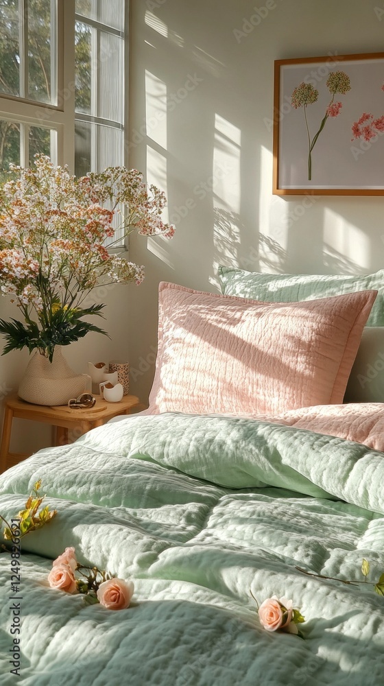 Aufkleber a cozy bed adorned with a pink pillowcase and green comforter awaits, illuminated by gentle morning 