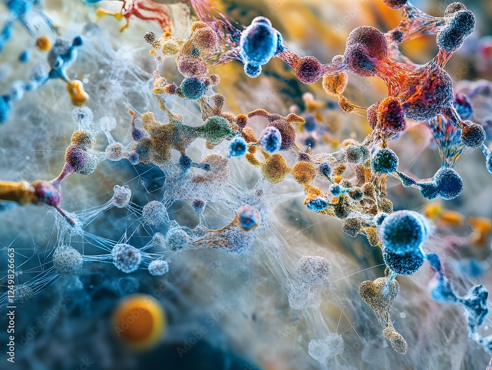 Poster a vibrant microscopic view showcasing the intricate structures of cells and microorganisms, displayi
