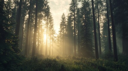 Fototapeta premium Misty sunrise forest path, nature tranquility, peaceful background, ideal for travel brochures