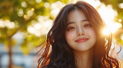 Fototapeta premium Smiling Young Woman with Long Dark Hair Bathed in Golden Sunlight Surrounded by Lush Greenery