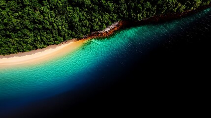 Aerial view of a pristine beach with turquoise waters and lush green forest in the background