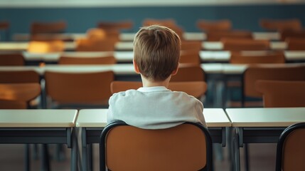 A young boy sits alone in an empty classroom, symbolizing isolation, ADHD, or challenges in traditional education settings.