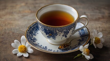 Steaming Black Tea with Edible Flowers: A Top-Down View of Elegance and Calm