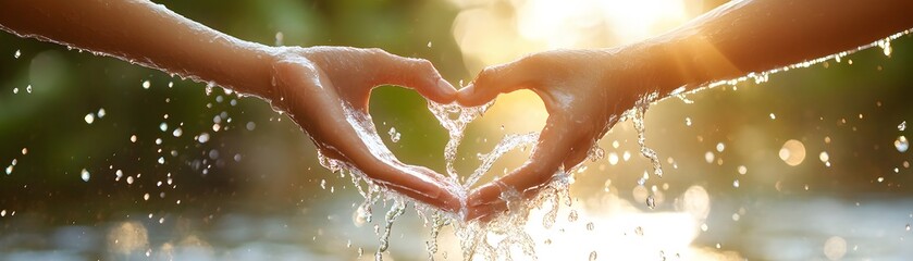 Fototapeta premium Two hands forming a heart shape, surrounded by sunlight and water droplets, representing love, connection, and unity in a serene natural setting.