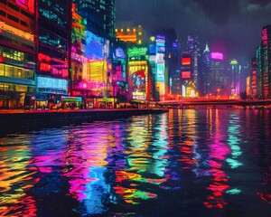 Vibrant cityscape at night with colorful neon reflections on water. Skyscrapers glow under the dark sky, creating a mesmerizing urban atmosphere.