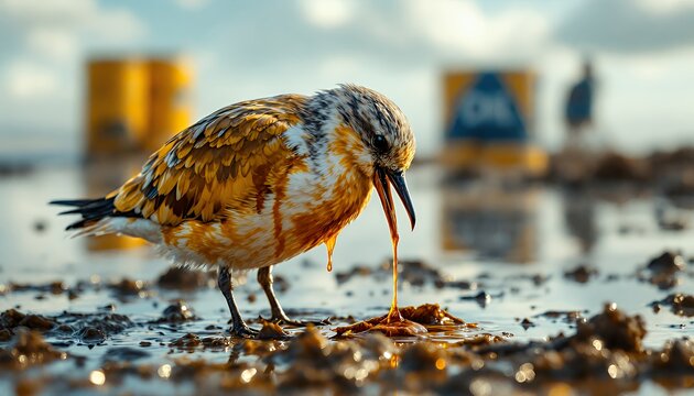 Shorebird Contaminated with Oil Eating at Beach with Industrial Barrels - Powered by Adobe