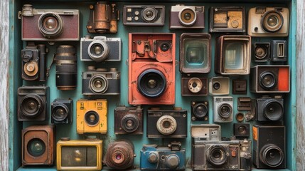 Obraz premium Collection of Vintage Cameras: Nostalgic Photographic Equipment Displayed