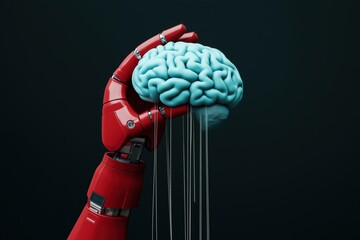 Futuristic robotic hand holding a cerebral brain, symbolizing advancements in ai and human-machine interaction