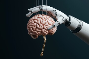 Robotic hand manipulating human brain with puppet strings exploring the intersection of technology and control in neuroscience