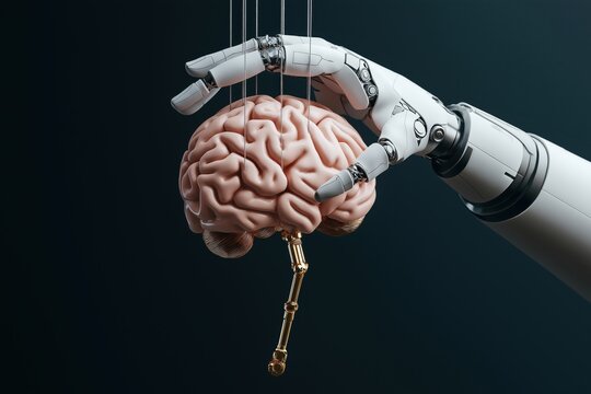 Robotic hand manipulating human brain with puppet strings exploring the intersection of technology and control in neuroscience