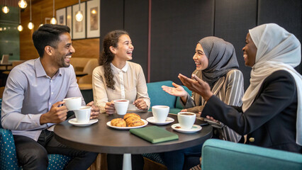 A diverse group of coworkers enjoying coffee while discussing their favorite cultural traditions