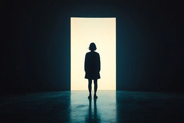 Silhouette of a woman standing before a bright doorway