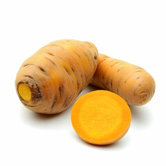 Two yellow carrots, sliced, studio shot, food photography