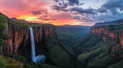 Majestic waterfall sunset panorama, deep canyon, vibrant sky, travel postcard