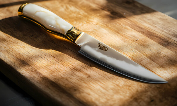 Witness Culinary Excellence with a Stunning Pearl-Handled Knife Gleaming on a Butcher Block, Symbolizing Masterful Craftsmanship and Gourmet Precision