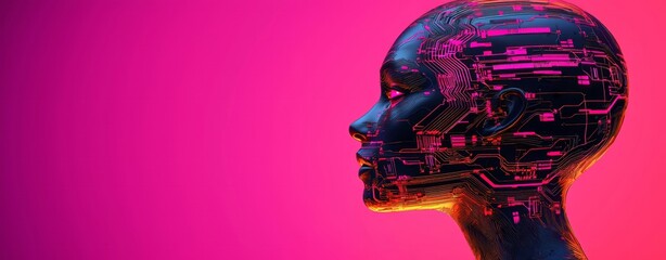 AI Woman Futuristic Cyborg Head Profile in Neon Pink