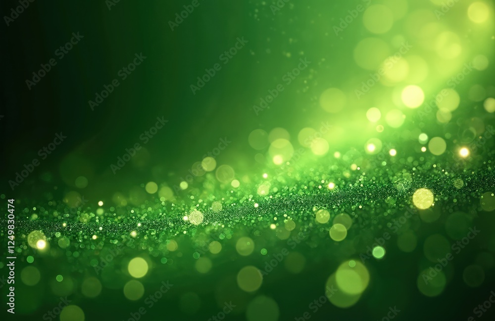 Poster green glitter particles create sparkling effect on solid green background. abstract design. modern d