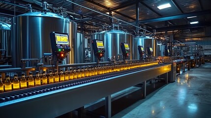 Obraz premium Industrial Beverage Production Line with Bottling Machinery Setup