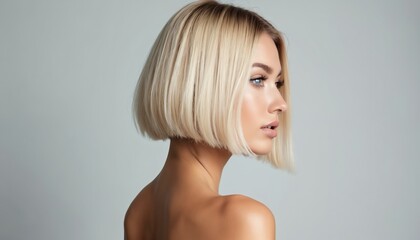 Blonde woman with short sleek bob hairstyle in profile view. Studio photo. Minimalist light background. Beauty, fashion. Focus on hair, face. Perfect for hair product ad magazine cover. Attractive